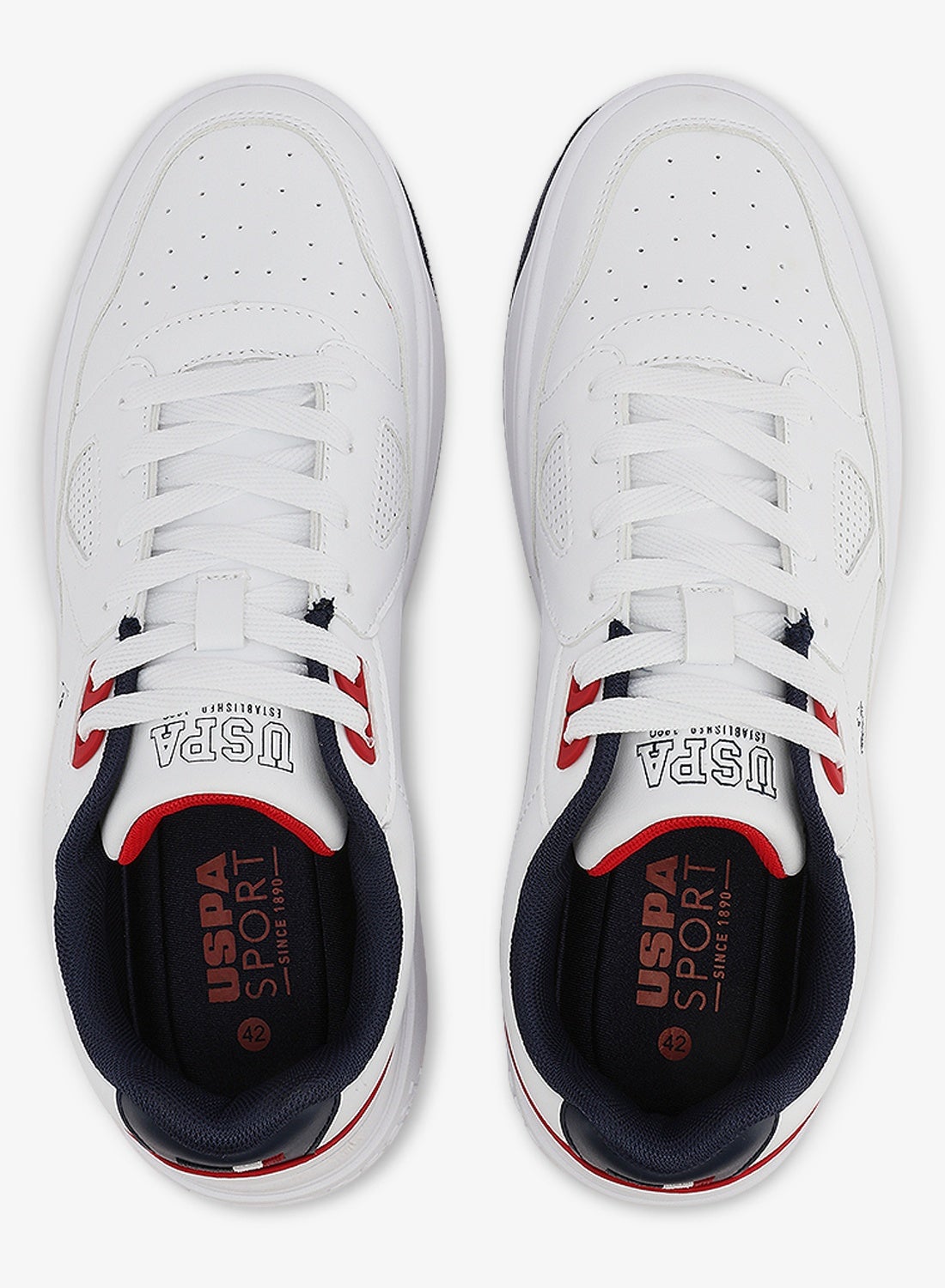 Men's White Sneakers - Lightweight Shoes Modern Design with Red and Navy Accent