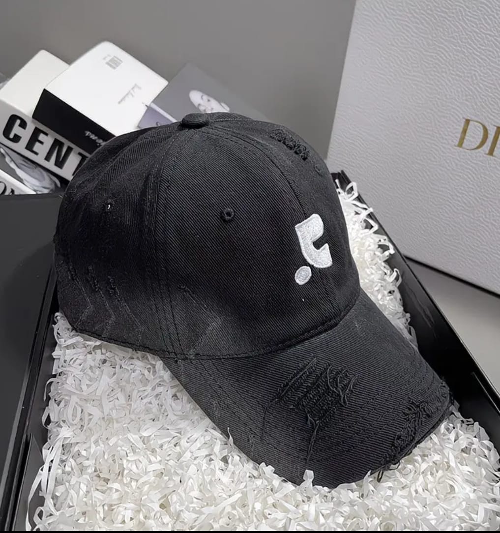 Distressed Denim Baseball Cap – Black