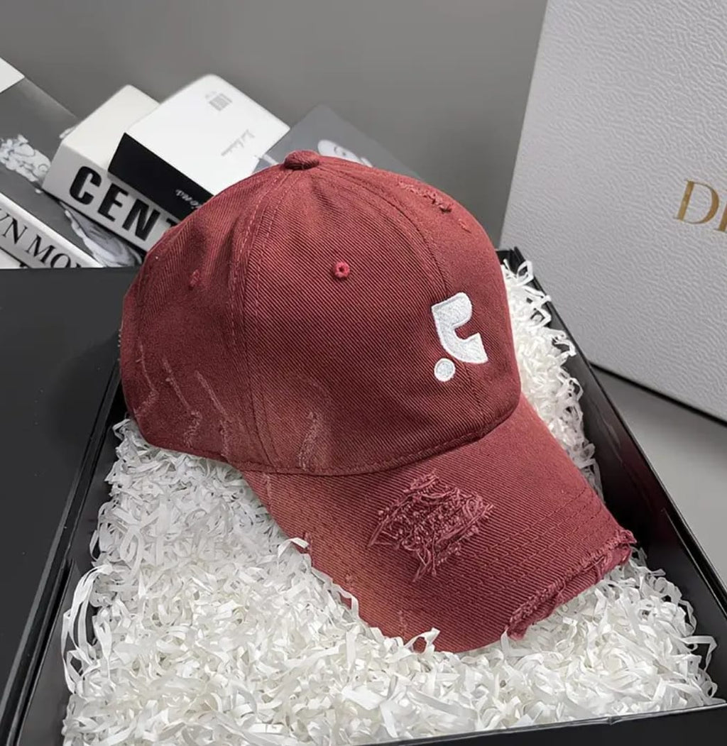 Distressed Denim Baseball Cap – Burgundy