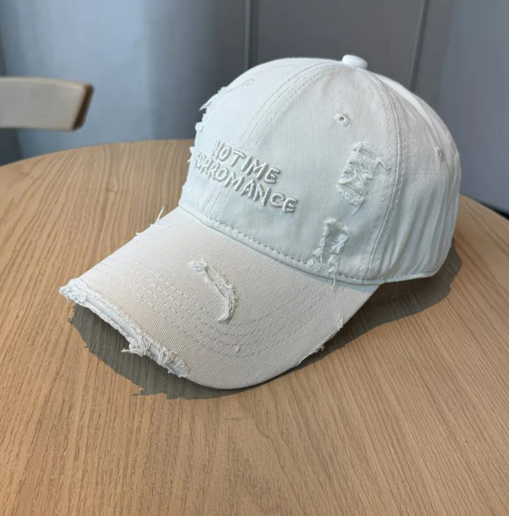 No Time For Romance Distressed Cap – White