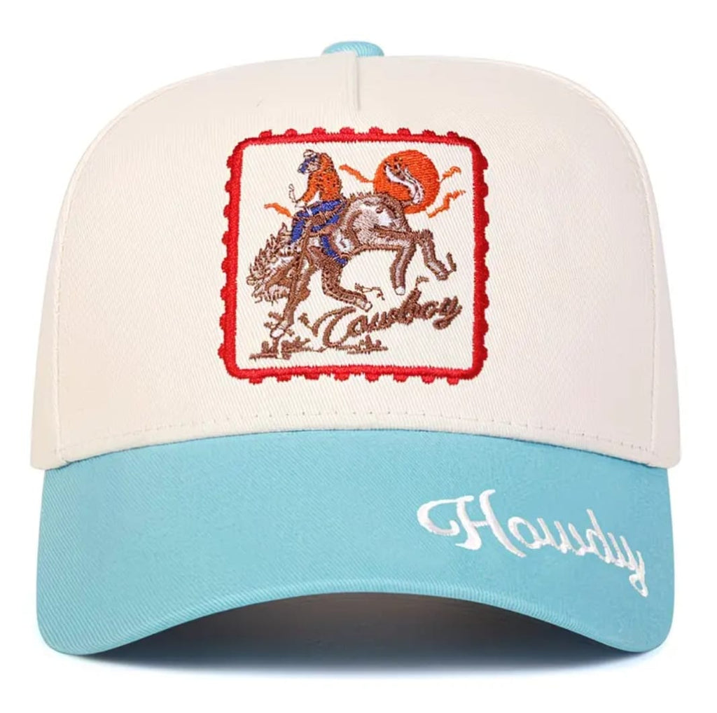 Howdy Cowboy Embroidered Baseball Cap – Cream & Sky Blue