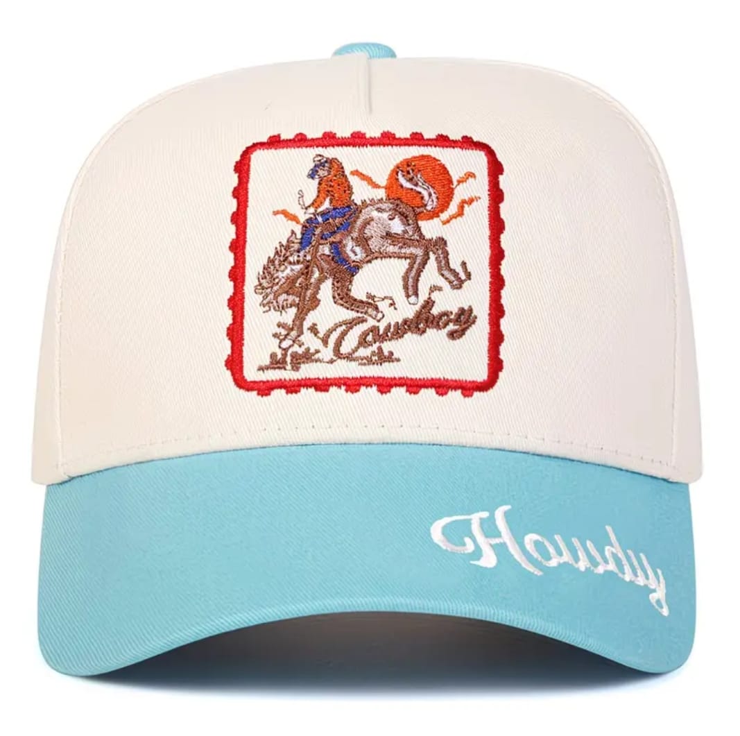 Howdy Cowboy Embroidered Baseball Cap – Cream & Sky Blue