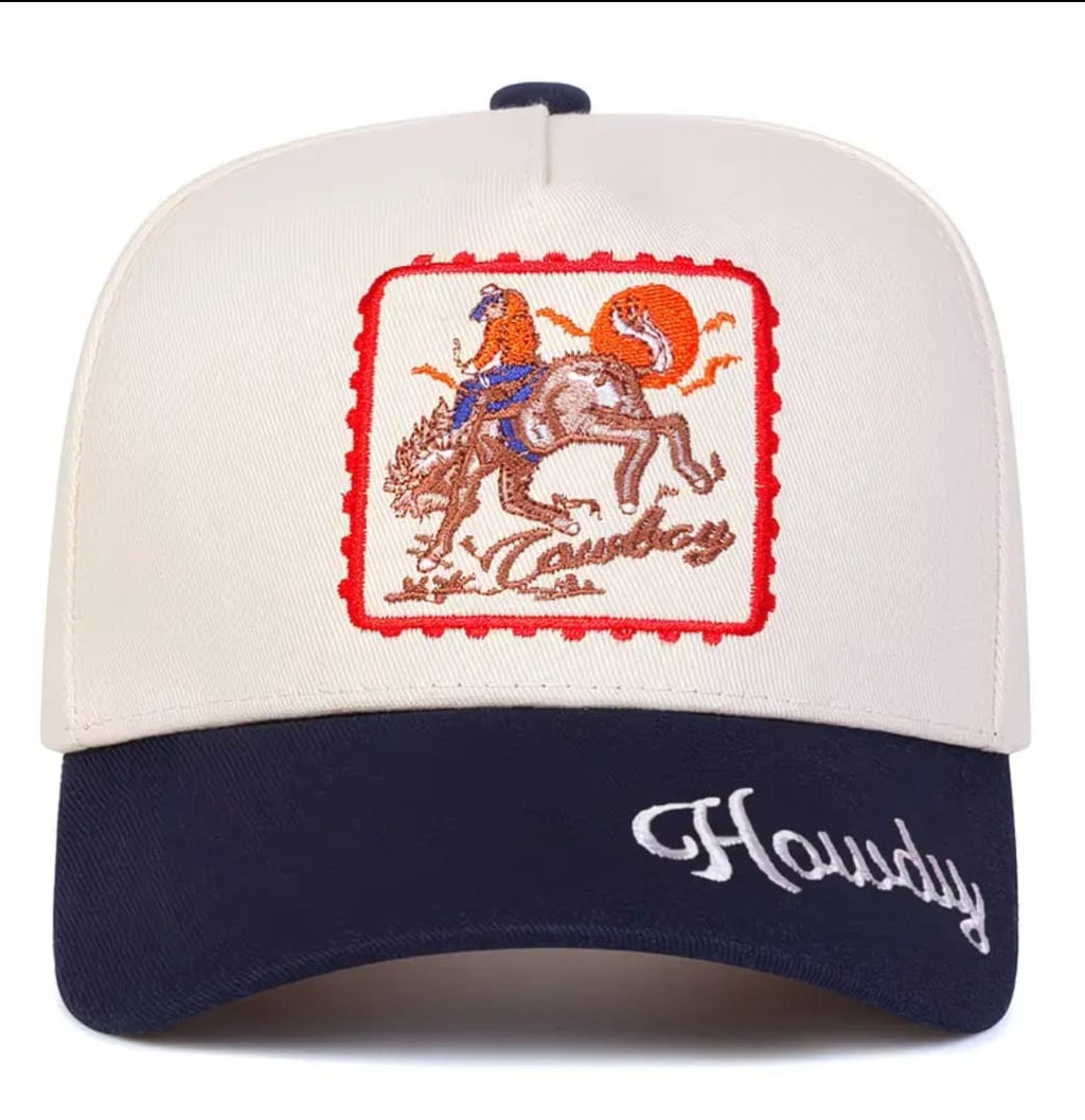 Howdy Cowboy Embroidered Baseball Cap – Cream & Navy