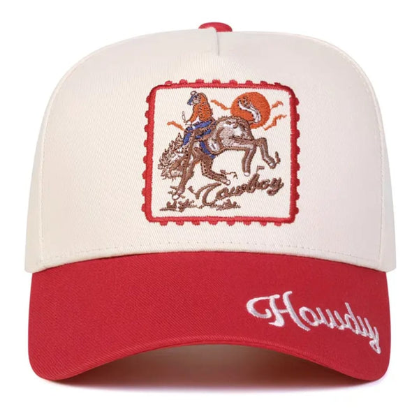 Howdy Cowboy Embroidered Baseball Cap – Cream & Red