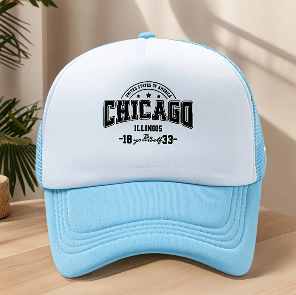 Chicago Illinois Trucker Cap – White & Sky Blue