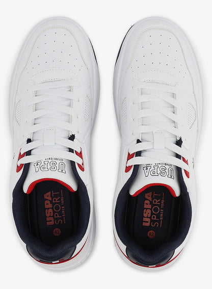 Men's White Sneakers - Lightweight Shoes Modern Design with Red and Navy Accent
