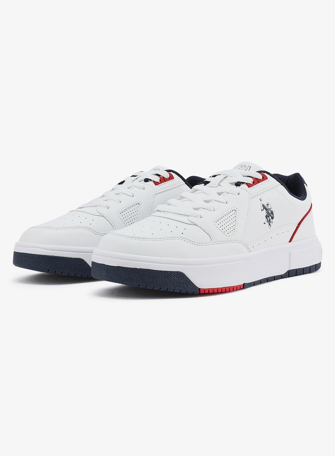 Men's White Sneakers - Lightweight Shoes Modern Design with Red and Navy Accent