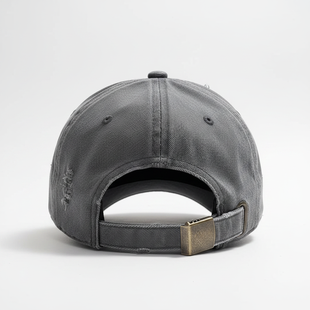 Distressed Denim Baseball Cap Grey – back view with adjustable strap