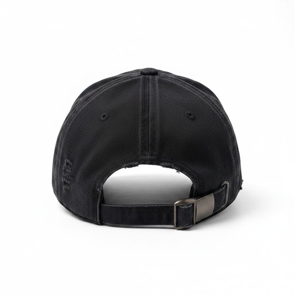No Time For Romance Distressed Cap Black – back view with adjustable strap