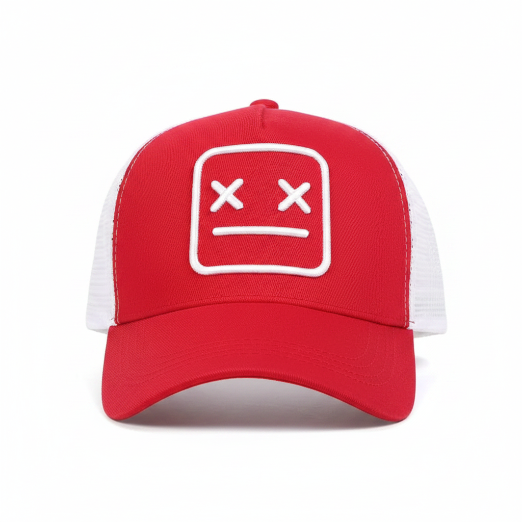 XX Sad Face Trucker Cap side view - red and white