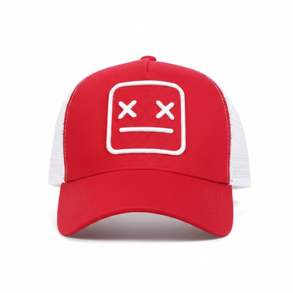 XX Sad Face Trucker Cap side view - red and white