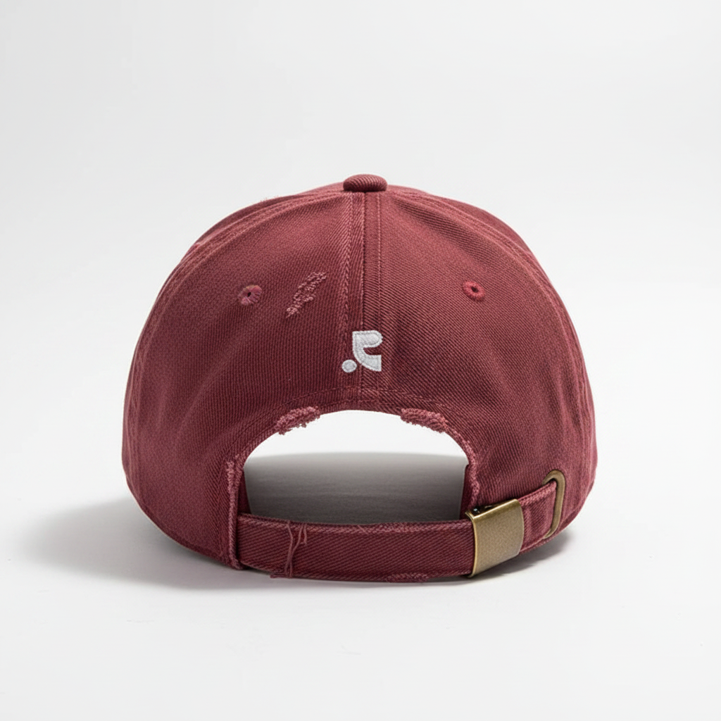Distressed Denim Baseball Cap Burgundy – back view with adjustable strap
