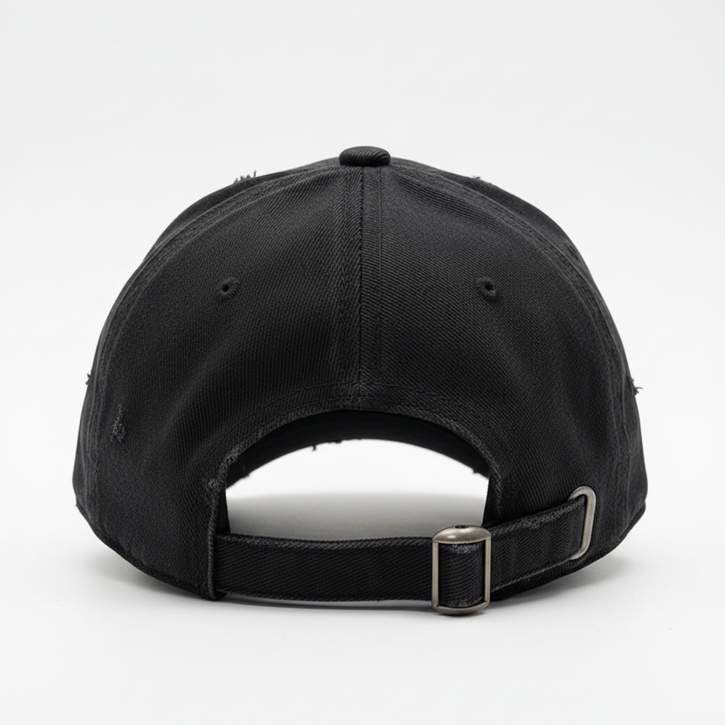 Distressed Denim Baseball Cap Black – back view with adjustable strap