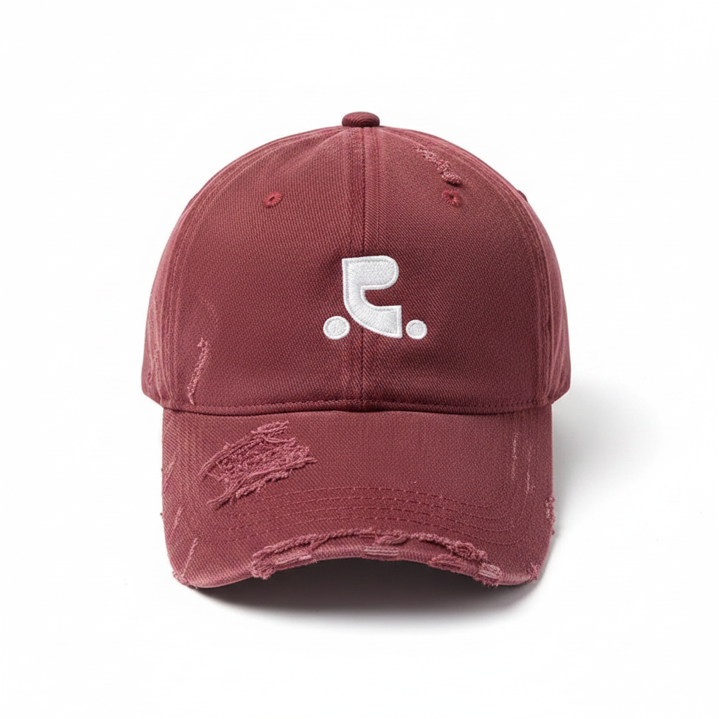 Distressed Denim Baseball Cap Burgundy – front view