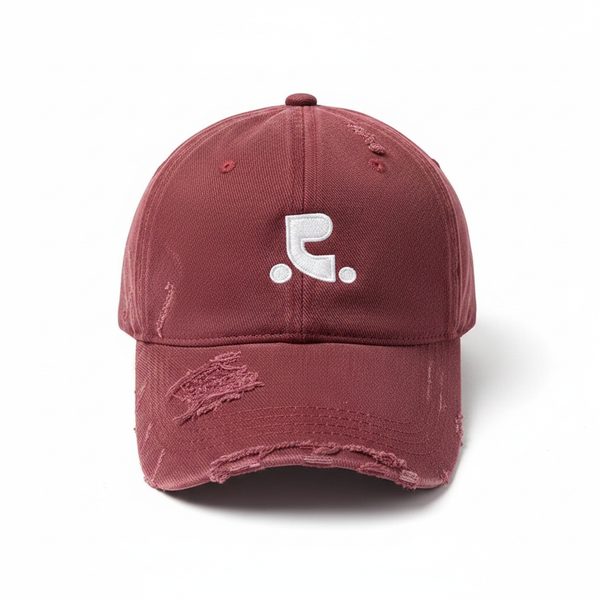 Distressed Denim Baseball Cap Burgundy – front view