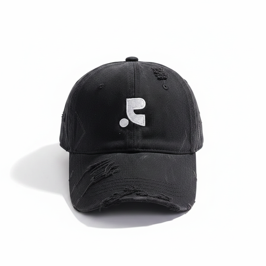 Distressed Denim Baseball Cap Black – front view